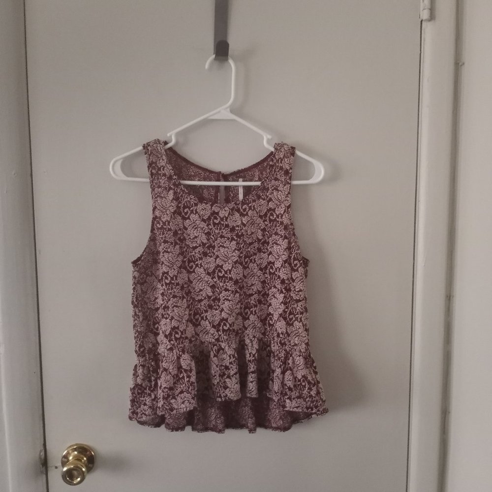 Free People Maroon & White Lace Peplum Ruffle Top